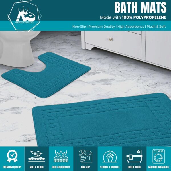 Ambience Products Greek Key Pattern Bath Mats 2 Piece Sets Non Slip Bathroom Mat, Soft Washable Rug Quick Dry Water Absorbent Bathroom Shower Mat & Pedestal Set (Teal)