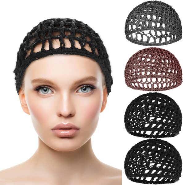 4 Pack Hair Nets Cap Crochet Knit Snood Bonnets Sleeping Hairnet Fitted Hair Cover Wrap Comfortable Haircare Wave Cap for Keep Curls Ballet Serving Shower Bath Head Circumference 20-22in