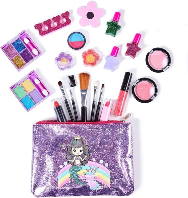 Yetech Kids Washable Makeup Set, 23PCS Safety Tested Real Cosmetics Kit for Kids With Mermaid Bag Birthday for Girls Age 4-8