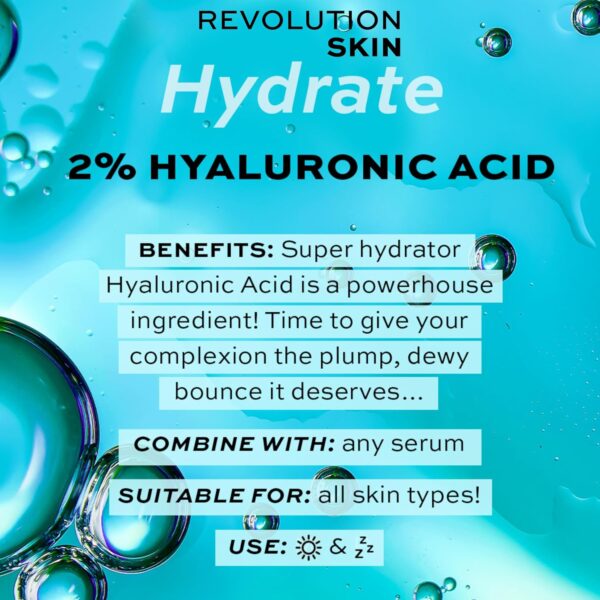 Revolution Beauty London Skincare Hyaluronic Acid Serum, Plumps, Softens and Hydrates Skin, 2% Solution, Lightweight Face Fragrance Free, 30 ml