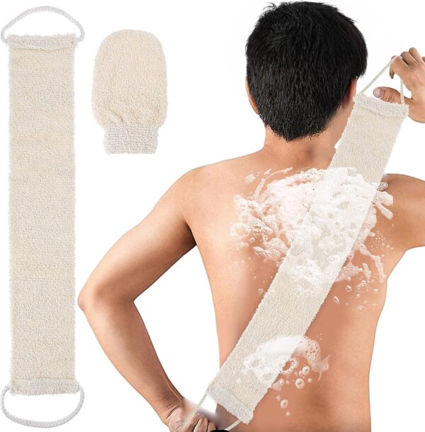 COMNICO 2pcs Exfoliating Body Scrubber, Natural Hemp Back Scrubber Exfoliator Loofah Shower Bath Wash Deep Cleaning Glove and Strap Dead Skin Removal for Men Women(White)