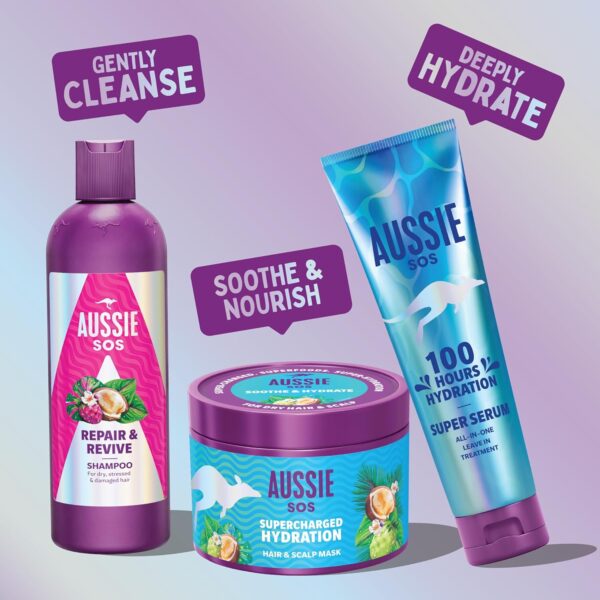 Aussie SOS Supercharged Hydration Scalp & Hair Mask, Soothe Dry Scalp and Rehydrate Extremely Dry, Thirsty Hair, 100 Hours of Hydration, Leave In Cream or Rinse Out, 500ml