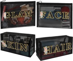 GINOYA 4PCS Mesh Makeup Bags, Nylon Letter Cosmetic Bag Set, Travel Essentials Pouch Set Print with Skin Hair FACE Glam Letter (Black)