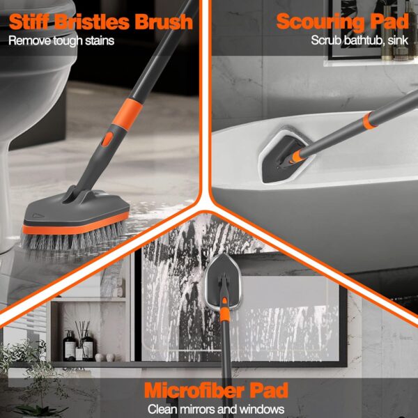 NEWE Shower Cleaning Brush, Tub Tile Cleaner Scrubber with Telescopic Long Handle 142 cm, 4 Scrub Heads for Bathroom Bathtub Floor Baseboard Sink Kitchen Toilet