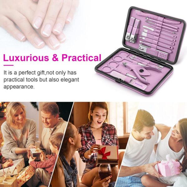 Manicure Set Professional Pedicure Kit Nail Clippers Kit - 18 Pcs Nail Care Tools - Grooming Kit with Luxurious Upgraded Travel Case (Purple)