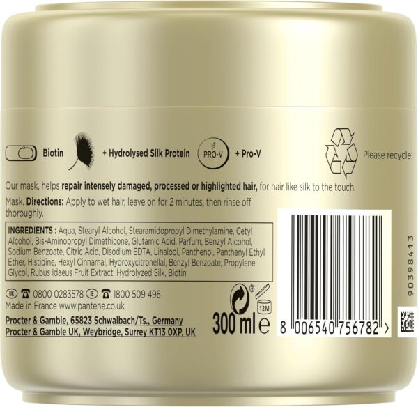 Pantene Hair Mask For Dry Damaged Hair, Intense Hair Rescue, Helps Repair Intensely Dry, Damaged Hair, Biotin And Hydrolyzed Silk Protein, Leaves Hair Silky To The Touch, 300ml