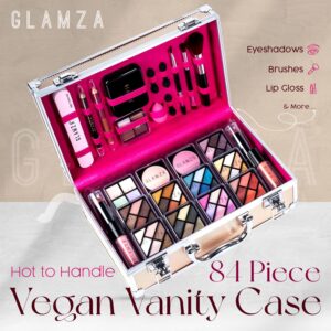 Glamza 84 Piece "Hot to Handle" Vegan Vanity Case - Full Aluminium Frame - Pink Lining - Premium Makeup Set with Eyeshadows, Brushes, Lip Gloss & More