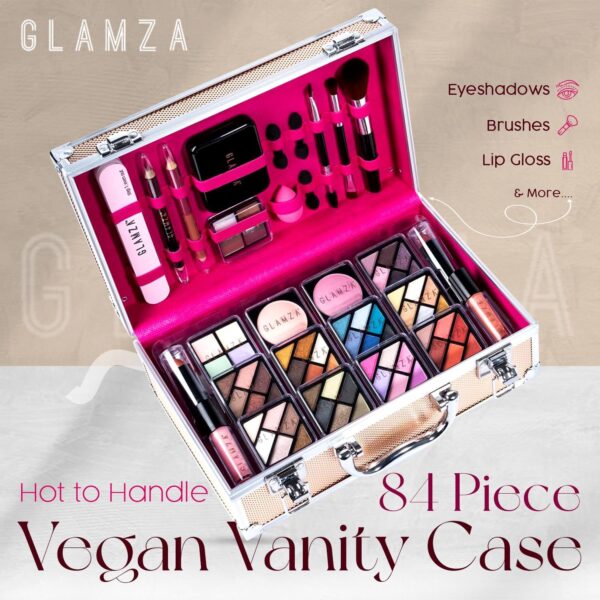 Glamza 84 Piece "Hot to Handle" Vegan Vanity Case - Full Aluminium Frame - Pink Lining - Premium Makeup Set with Eyeshadows, Brushes, Lip Gloss & More