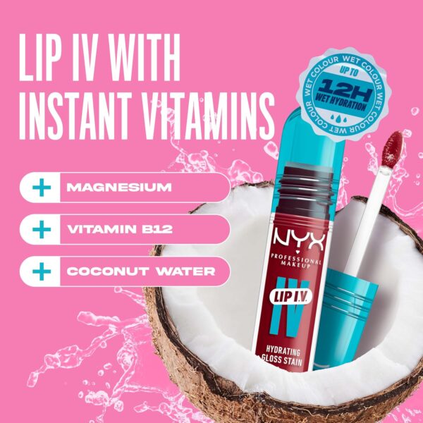 NYX Professional Makeup Lip IV Hydrating Gloss Stain, Lip Gloss, Up to 12HR Hydration, High Pigment, Wet Shine Finish, Berry Thirsty