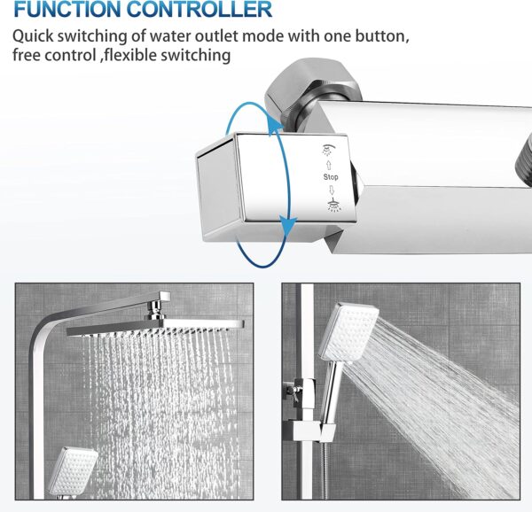 Ronvie Shower System Thermostatic Set, Chrome Shower Riser Rail Mixer with Adjustable Rainfall Shower Head, Scalding Protection Shower Tap, Anti-Kink Shower Pipe