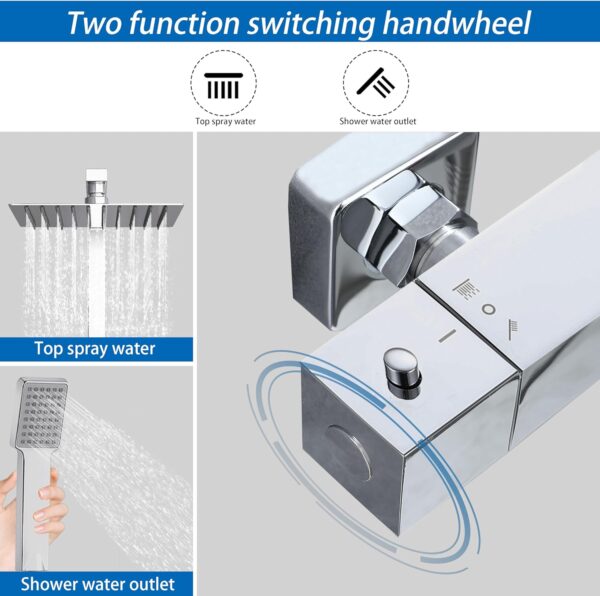 81CGsf3W0ZL._AC_SL1500_.jpg Biubiubath Thermostatic Shower Mixer, Anti-Scald Exposed Mixer Shower,Height Adjustable Riser Rail Kit, Square Handheld & 8 inches (200mm) Overhead Rainfall Shower,Chrome Silver