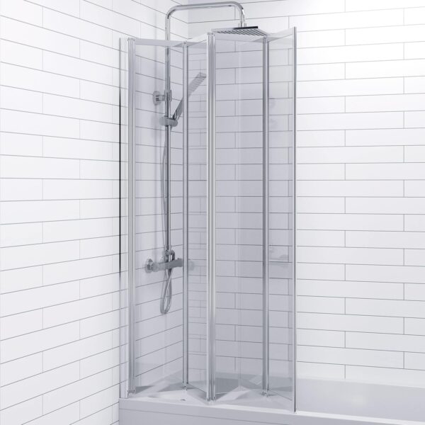 Luxura® 4 Panel 1400 x 1000mm Chrome Over Bath Shower Screen Folding Hinged Door Glass Panels & Screens for Baths, 4mm Toughened Safety Glass, 180° Pivot Swing, Reversible
