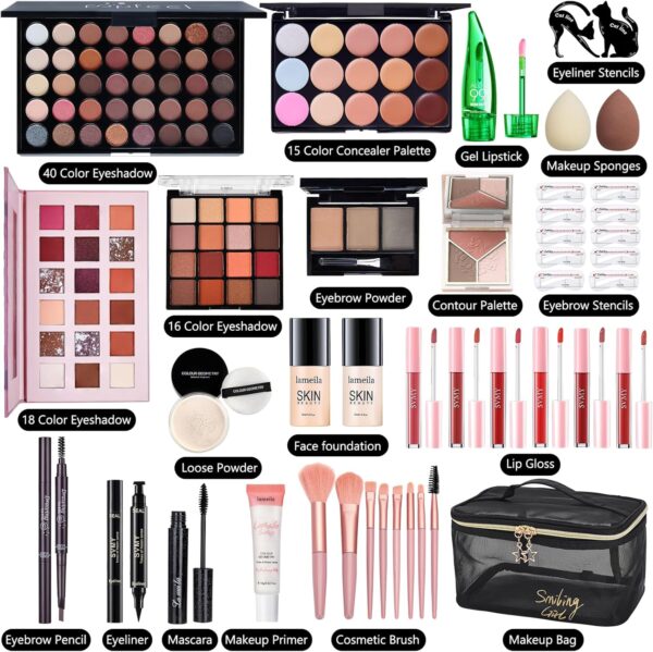 All in One Makeup Kit for Women Full Kit, Make Up Gift Set for Women, Makeup Bundle Includes Foundation Face Primer Eyeshadow Contour Palette Lipstick Eyebrow Pencil Mascara Cosmetic Brush Set