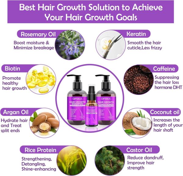 GIFBEA Hair Growth Shampoo and Conditioner Set with Rosemary Oil Serum, Biotin, Argan, Castor, Coconut, Keratin, Rice Water - Hair Loss Treatment, Thickening for Women and Men
