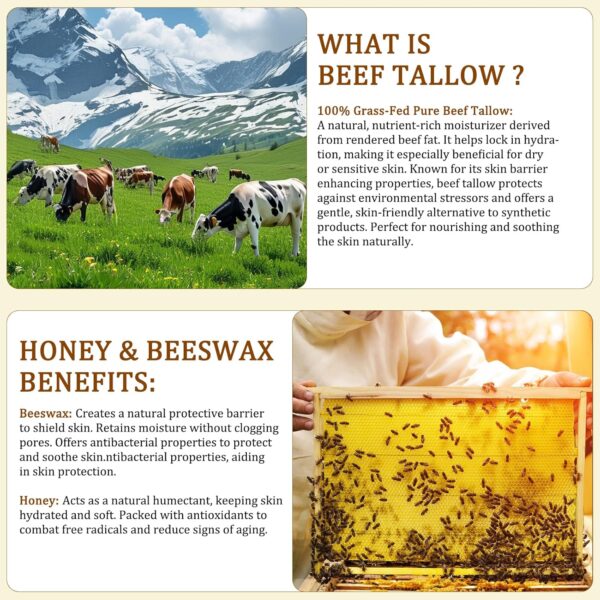 120g beef tallow, beef tallow skin care, Tallow and Honey Cream, Natural Tallow Face Moisturizer, Organic Hydrating Beef Tallow Balm Deeply Moisturizing for Face & Body Skin Care.