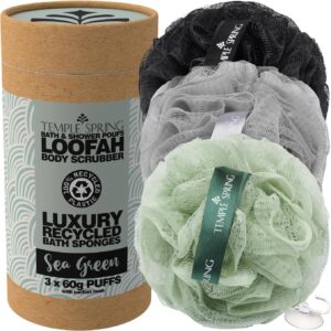 Temple Spring Loofah Shower Sponge, Recycled Body Scrubber Scrunchies, Exfoliating Bath Sponge, Shower Puff Bath Sponges for Adults, Loofah Back Scrubber Pouffe, Loofa Body Scrub Exfoliator -Sea Green