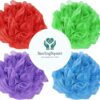 Pack Assorted Multicoloured – Heavy XL – 75g Body Puff Pouf Bath Shower Exfoliator Sponge Balls for Silky Soft Skin, Durable & Eco-Friendly, Family Size - Green, Blue, Purple & Red – Pack of 8