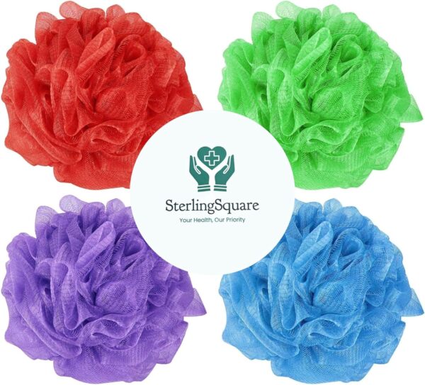 Pack Assorted Multicoloured – Heavy XL – 75g Body Puff Pouf Bath Shower Exfoliator Sponge Balls for Silky Soft Skin, Durable & Eco-Friendly, Family Size - Green, Blue, Purple & Red – Pack of 8