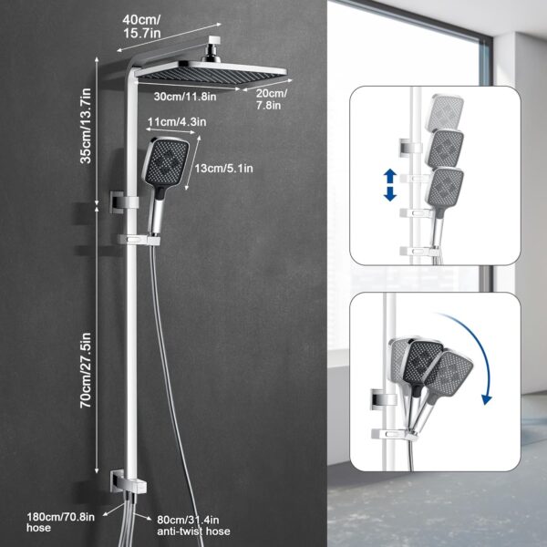 SonTiy Rainfall Shower Set, Square Swivelling Shower Riser Rail with Large Overhead Shower & Brass Diverter, Shower System Without Mixer, 3 Jet Types Handheld Shower, 5-Year Warranty, Chrome