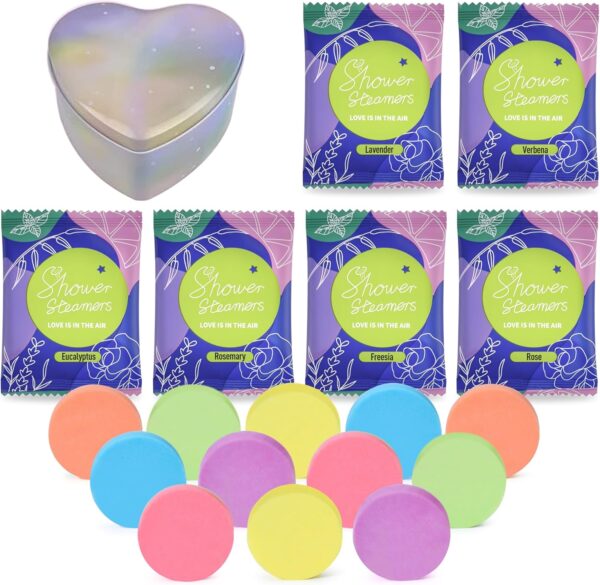81FKNruudFL._AC_SL1500_.jpg Shower Steamers Aromatherapy, Natural Organic 12-Pack Lavender Eucalyptus & Peach Shower Tablets, Women Relaxing Bath Spa Gift Set, Heart-Shaped Tin Box Shower Fizzies for Party, Birthday, Christmas