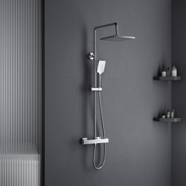 MORADO Thermostatic Shower Set,Adjustable Height Thermostatic Shower System, Shower Bar Set with Rainfall Shower Head and 3-Functions Hand Shower,Chrome Plated, Square Shape