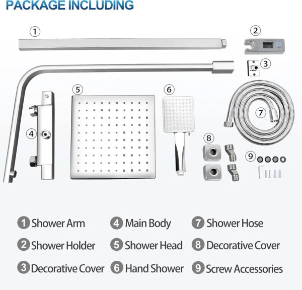 Ronvie Shower System Thermostatic Set, Chrome Shower Riser Rail Mixer with Adjustable Rainfall Shower Head, Scalding Protection Shower Tap, Anti-Kink Shower Pipe