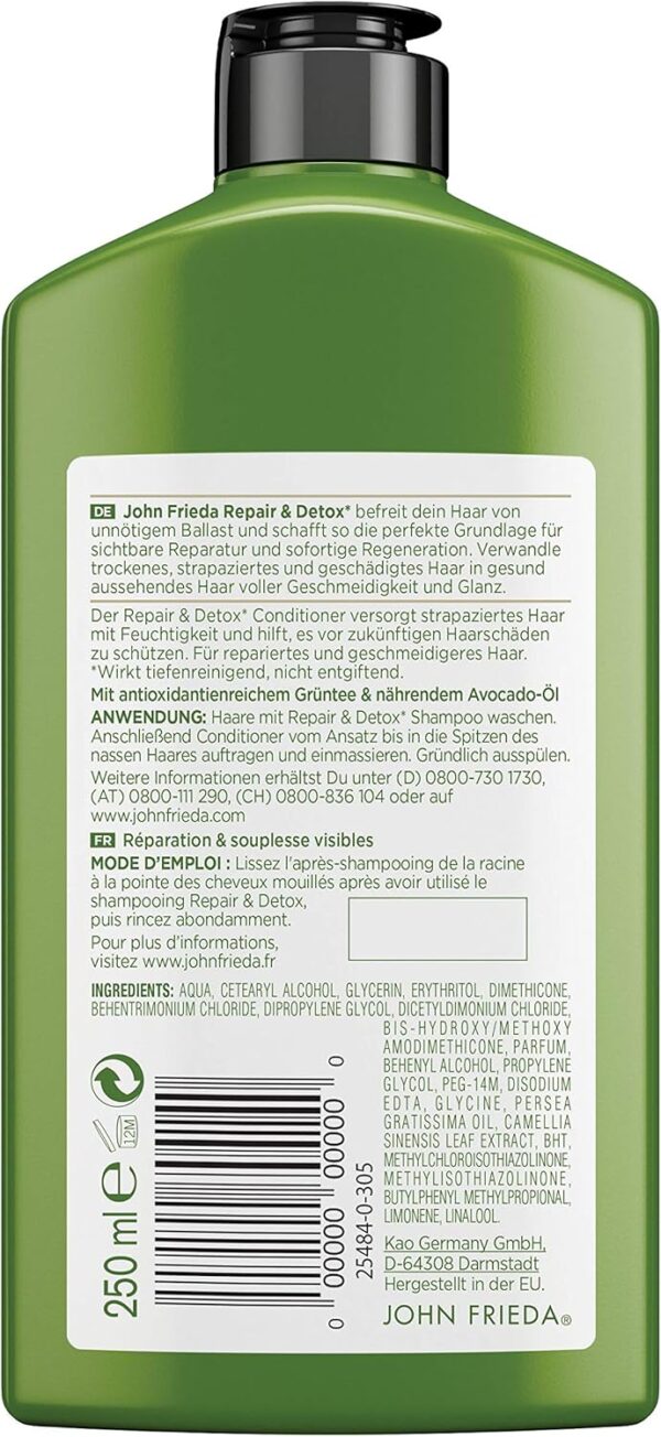 John Frieda Repair & Detox Conditioner with Avocado Oil & Green Tea for Damaged Hair Pack of 2 (2 x 250 ml)