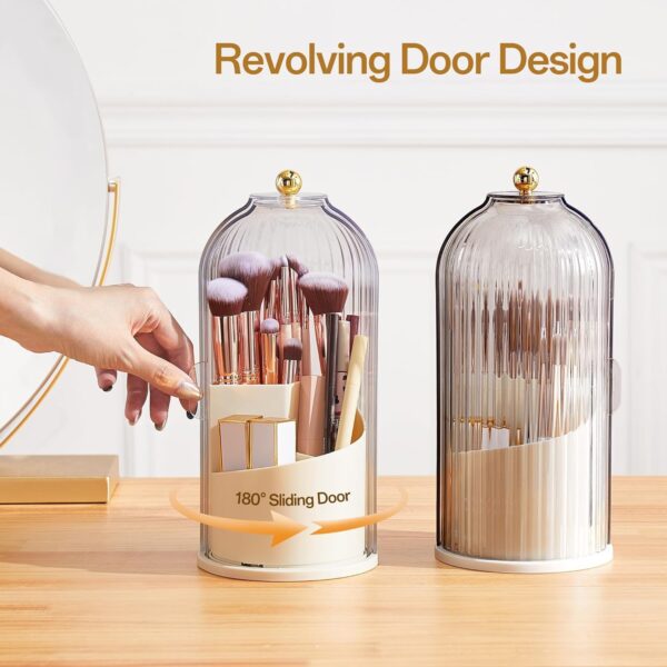 STORICANS Makeup Brush Holder Rotating Organiser with Clear Lid，Sliding Opening Dustproof Makeup Brush Case Make up Organizer Storage for Dressing Table Organiser,Vanity,White
