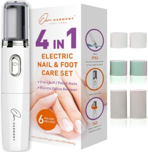 Own Harmony Electric Foot File Callus Remover & Electronic Nail File (4 in 1) Best Mani Pedi Tools - Professional Manicure & Pedicure Care Set - Perfect Toenail Polisher and Shine Buffer (USB Cord)