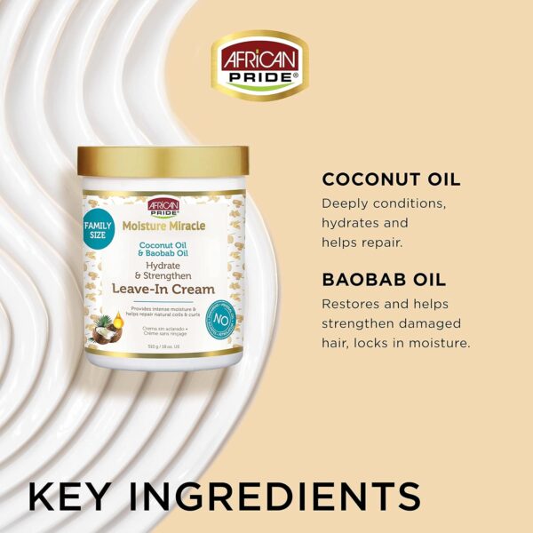 African Pride Moisture Miracle Coconut Oil & Baobab Oil Leave-In Hair Cream - Provides Intense Moisture & Helps Repair Natural Coils & Curls, Hydrates & Strengthens, 18 oz