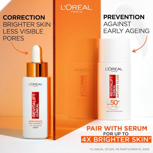 L’Oréal Paris Revitalift Clinical SPF 50+ Invisible UV Fluid, Protect, Prevent and Improve Ageing Signs, Non-Oily Formula for All Skin Tones, Advanced UV Protection and Antioxidant Vitamin C, 50ml