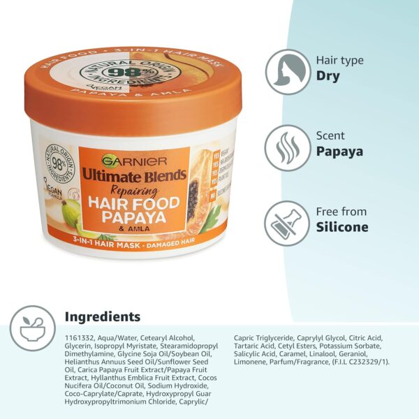 Garnier Hair Food 3-in-1 Hair Treatment Mask, Intensely Nourishes and Repairs Hair, For Damaged Hair, No Silicones, Vegan Formula, Papaya, Ultimate Blends, 400ml