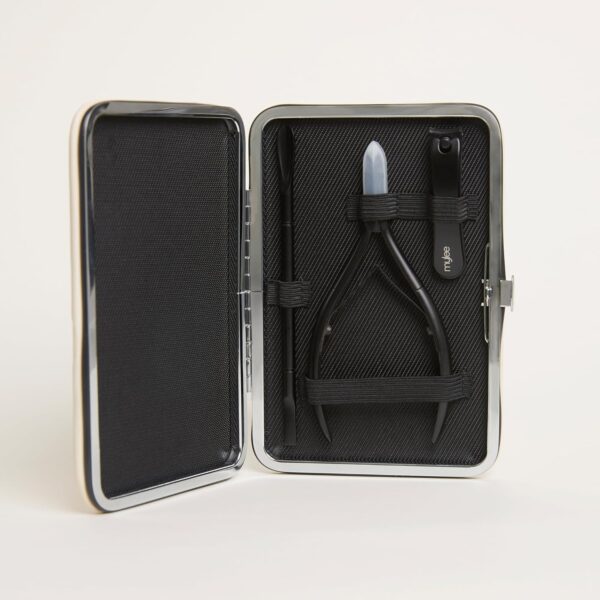 Mylee Manicare Kit – Three Professional, Sleek, Matte Black, Stainless Steel, Salon-Quality Nail Tools In One Stylish Case – Includes Cuticle Nippers, Small Nail Clipper & Dual-Ended Cuticle Pusher