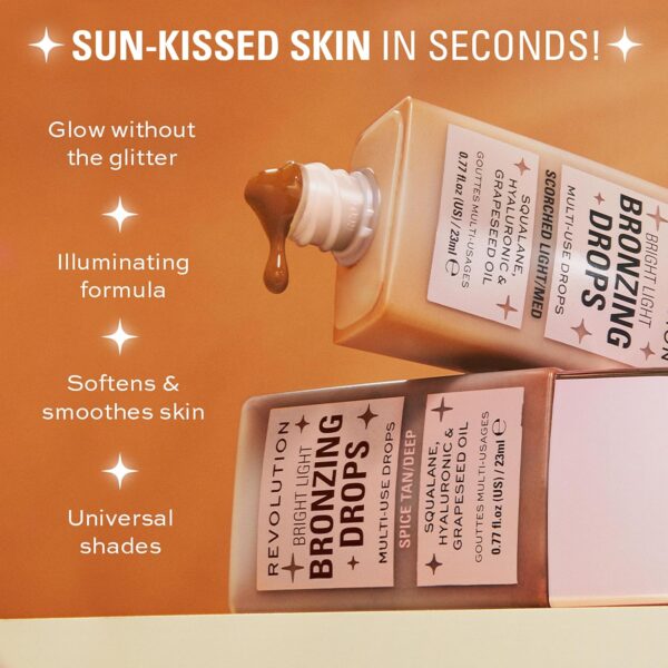 Makeup Revolution, Bright Light Bronzing Drops with Hyaluronic Acid, Sun-Kissed Finish, Bronze Scorched, 23ml