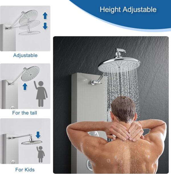 KINKIBOS Shower Tower Panel, Rainfall Shower, 2-Mode Body Massage Jets, 5-Setting Handset and Bathtub Spout, Height Adjustable Arm, Stainless Steel, Brushed