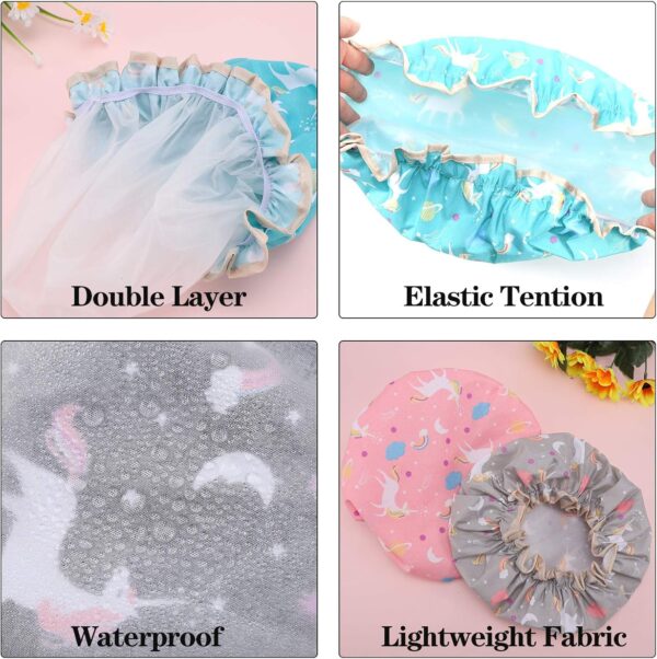 Phoetya 4 Pack Unicorn Shower Caps, Double Layer Waterproof Shower Hat Reusable Elastic Band Bath Caps for Women and Girls Shower Spa