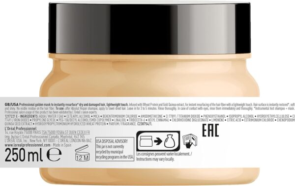 L'Oréal Professionnel Repairing Hair Mask for Damaged and Dry Hair, with Quinoa, Series Expert, Absolut Repair Gold Mask, 250 ml