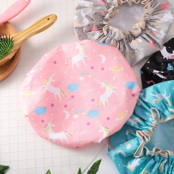 Phoetya 4 Pack Unicorn Shower Caps, Double Layer Waterproof Shower Hat Reusable Elastic Band Bath Caps for Women and Girls Shower Spa