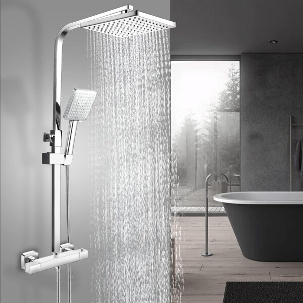 Ronvie Shower System Thermostatic Set, Chrome Shower Riser Rail Mixer with Adjustable Rainfall Shower Head, Scalding Protection Shower Tap, Anti-Kink Shower Pipe