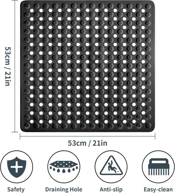 DOPROP Square Black Non Slip Shower Mat for Inside Shower 53x53cm BPA Free Latex Free PVC Bath Mat for Walk In Shower Tray with Suction Cup Drain Holes Machine Washable Safety Bathroom Mat For Elderly