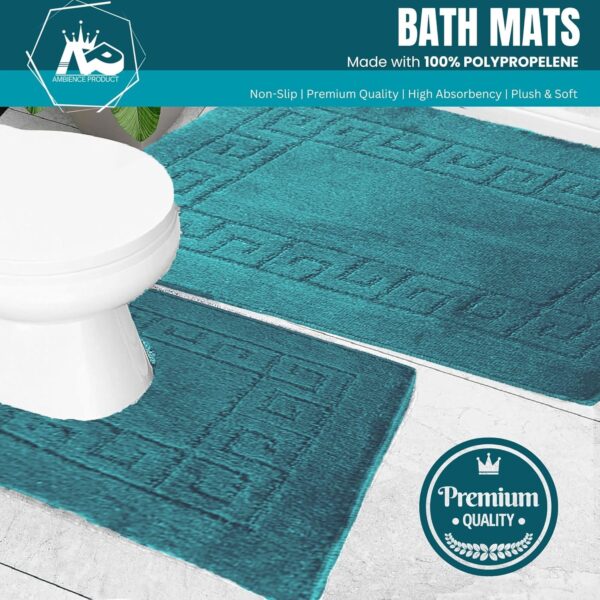 Ambience Products Greek Key Pattern Bath Mats 2 Piece Sets Non Slip Bathroom Mat, Soft Washable Rug Quick Dry Water Absorbent Bathroom Shower Mat & Pedestal Set (Teal)
