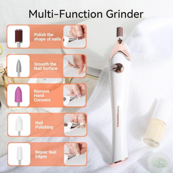 TOUCHBeauty Manicure Pedicure Nail Files Set, Manicure Drill Set, 5 in 1 Portable Nail File Drill System for Salon-Quality Care of Hands and Feet at Home, Battery Powered, AG-1335C (Gold)