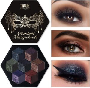 TINTARK Black Eyeshadow Palette Makeup, Dark Brown Smokey Eye Shadow Pallets for Halloween Goth Make up, Glitter Shimmer Matte Eyeshadow 21 Colors, Talc Free -Midnight Masquerade
