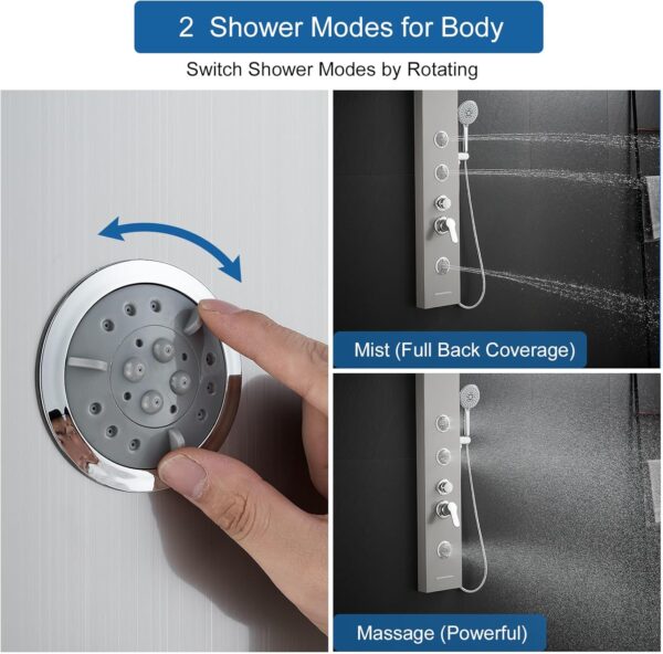 KINKIBOS Shower Tower Panel, Rainfall Shower, 2-Mode Body Massage Jets, 5-Setting Handset and Bathtub Spout, Height Adjustable Arm, Stainless Steel, Brushed