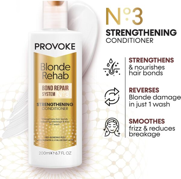 PROVOKE Blonde Rehab N0'3 Bond Repair Strengthening Conditioner 200 ml, Reduces Breakage and Frizz in 1 Wash Formulated with a Pro Bonding Complex, Keratin and Hyaluronic Acid, for Damaged Hair,