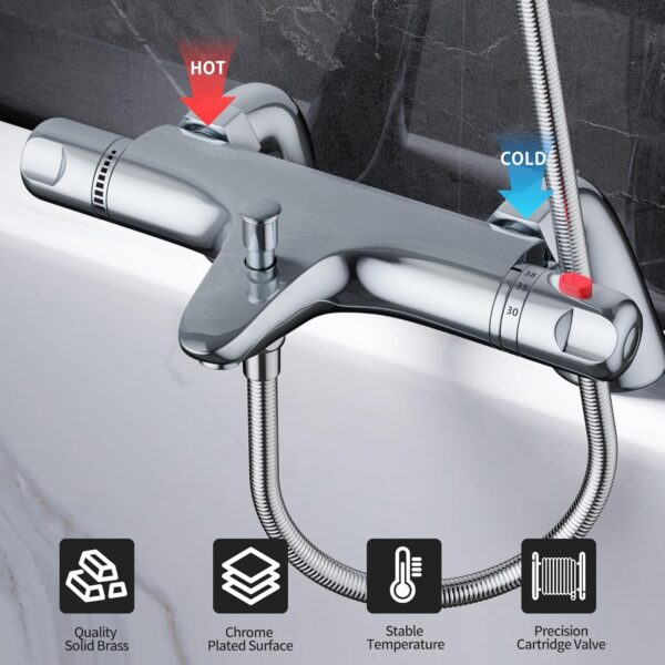 DEPTUNA Thermostatic Bath Shower Mixer,Thermostatic Bath Taps,Bath Mixer Taps with 38°C Anti-Scald Valve and Safety Button,Deck Mounted,Chrome