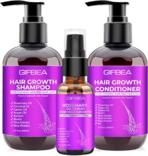 GIFBEA Hair Growth Shampoo and Conditioner Set with Rosemary Oil Serum, Biotin, Argan, Castor, Coconut, Keratin, Rice Water - Hair Loss Treatment, Thickening for Women and Men
