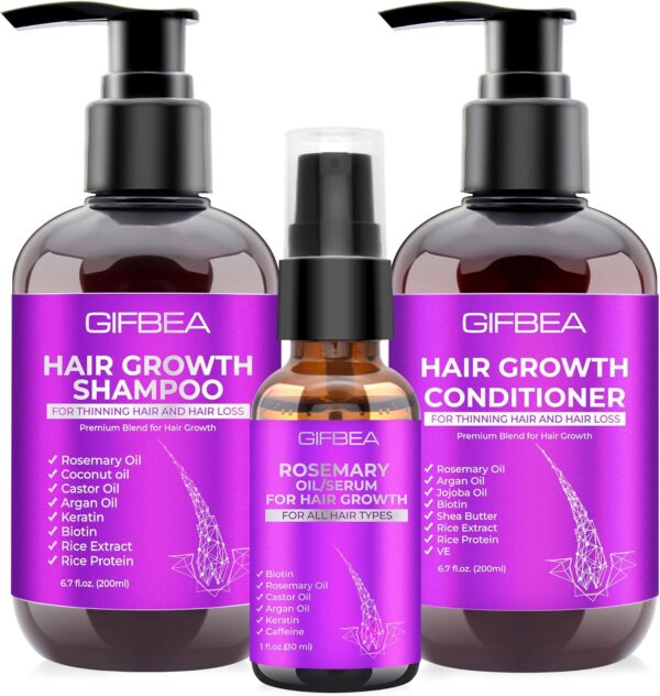 GIFBEA Hair Growth Shampoo and Conditioner Set with Rosemary Oil Serum, Biotin, Argan, Castor, Coconut, Keratin, Rice Water - Hair Loss Treatment, Thickening for Women and Men