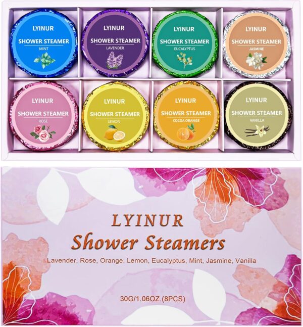 LYINUR 8 Pcs Shower Steamers Aromatherapy with 8 Scents, Shower Bombs Steamer with Essential Oils for Relaxation, Bath Bombs Sets Unique Gift for Women Mum, Christmas Stocking Fillers