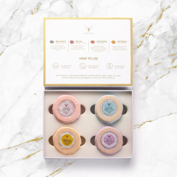 ComfyCozy Crystal Shower Steamers Luxury Gift Set | Bath Relaxation Beauty Self Care Present | Vegan Organic Shower Bombs, 8x45g